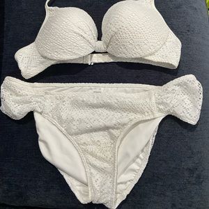 Victoria’s Secret pink bikini, push up top with tie halter and clip back. Medium